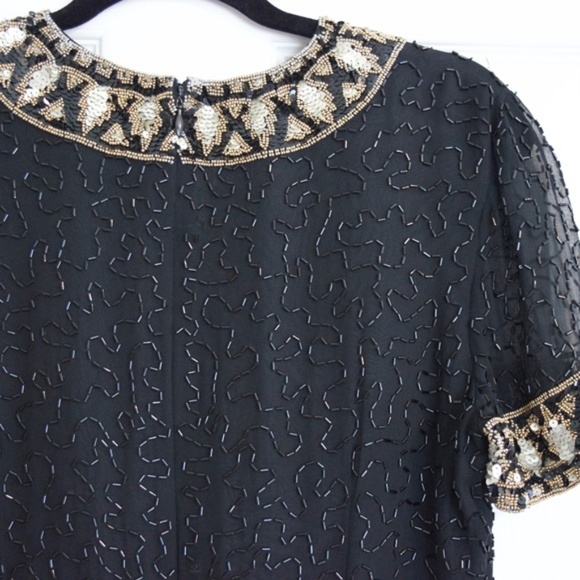 Vintage AJ Bari Sequin Shift Dress Black Gold SZ 6 - Picture 4 of 8